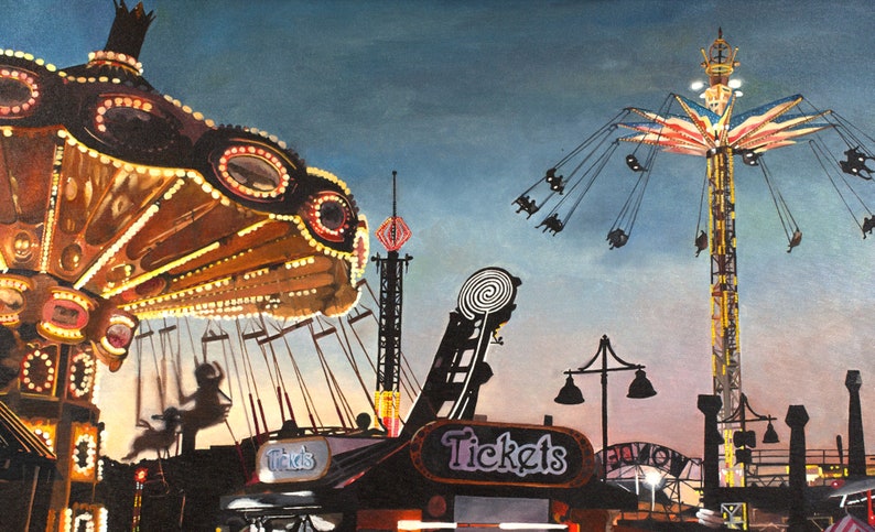 May include: A vintage carnival scene at night with a lit-up carousel, a Ferris wheel, and a sign that reads "Tickets".