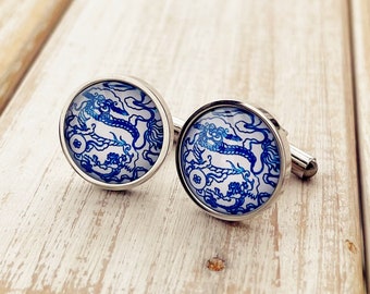 Lion pattern of blue china, celestial monster, blue and white pattern, Stainless steel cuff links, sleeve button, gift for gentlemen