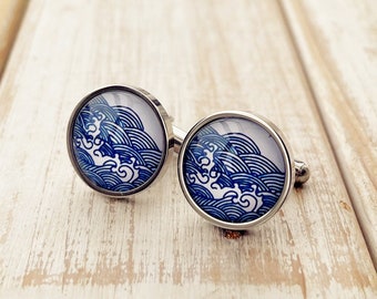 Waves pattern of blue china, sea waves, blue and white pattern, Stainless steel cuff links, sleeve button, gift for gentlemen