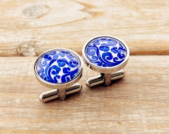 Clouds pattern of blue china, auspicious clouds, blue and white pattern, Stainless steel cuff links, sleeve button, gift for gentlemen