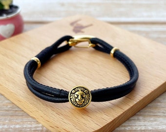 Black Leather bracelet with a lion charm, 1pc Lion round charm plated matte gold, a hole bead, suitable for men, women and children