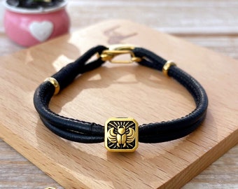 Black Leather bracelet with a charm, 1pc scarab charm plated matte gold, a hole bead, suitable for men, women and children