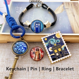 Dr. Who Tardis Keychain, Pin, Ring, Bracelet: Dalek, Time Machine
