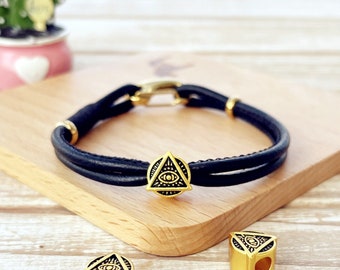 Black Leather bracelet with a charm, 1pc Evil eye charm plated matte gold, a hole bead, suitable for men, women and children