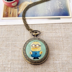 Yellow Minion Pocket Watch, Large Pocket Watch, Necklace, includes two kinds of removable chain