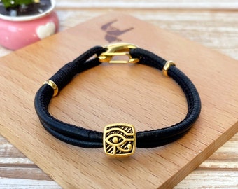 Black Leather bracelet with an Eye charm, 1pc The Eye of Horus charm plated matte gold, Pharaoh charm, a hole bead, Egypt style