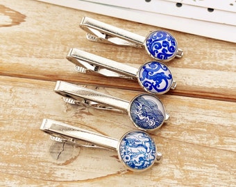 The pattern of blue china, blue and white patterns, ancient china pattern, tie clip, button tracks, gift for boys, present for gentlemen