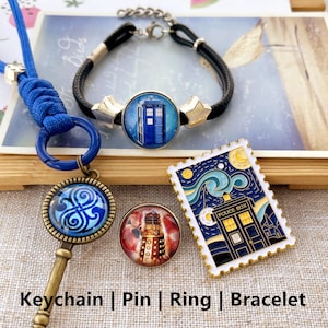 Dr who tardis, Time Machine, Dalek, Police box, boutons pour bague, épingle, bracelet, porte-clés, pendentif, une clé de police box, travail de fans