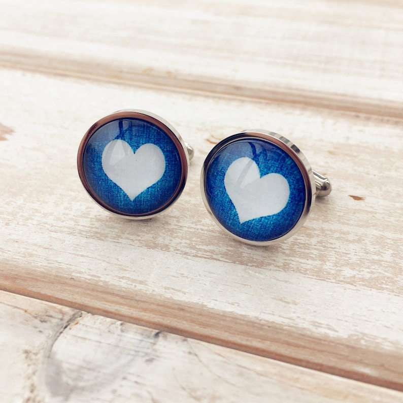 Stainless steel cuff links sleeve button accept custom order Blue heart cufflinks for men