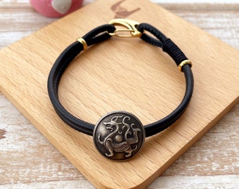 Black Leather bracelet with a dragon charm, 1pc dragon button, retro style, suitable for men, women and children