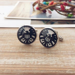 Superheroes Cufflinks: Multiple characters, Sleeve Buttons, 16mm Glass Dome cuff links Shield (old)
