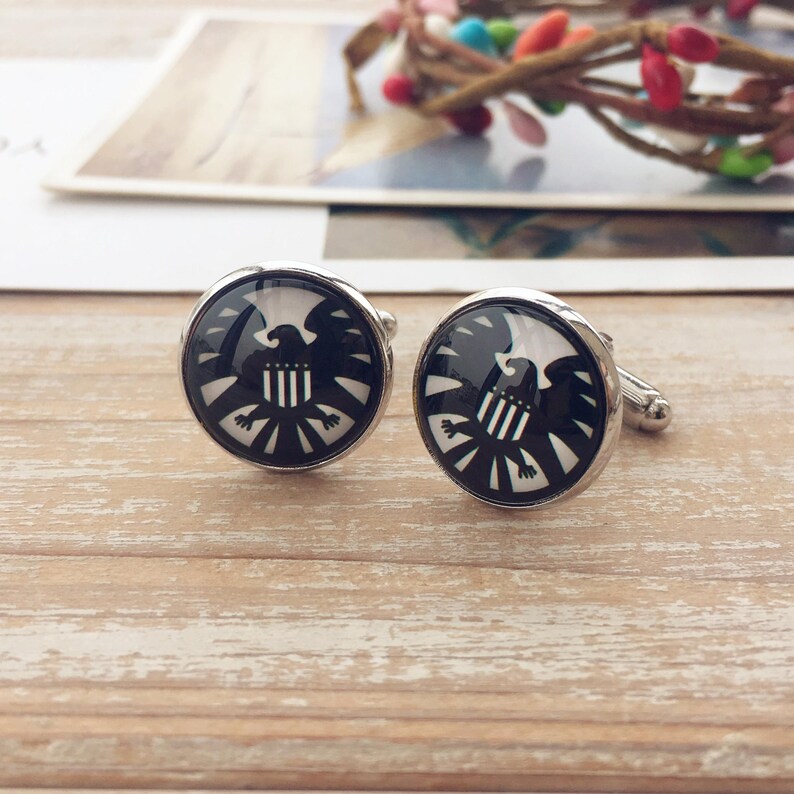 Superheroes Cufflinks: Multiple characters, Sleeve Buttons, 16mm Glass Dome cuff links Shield (old)