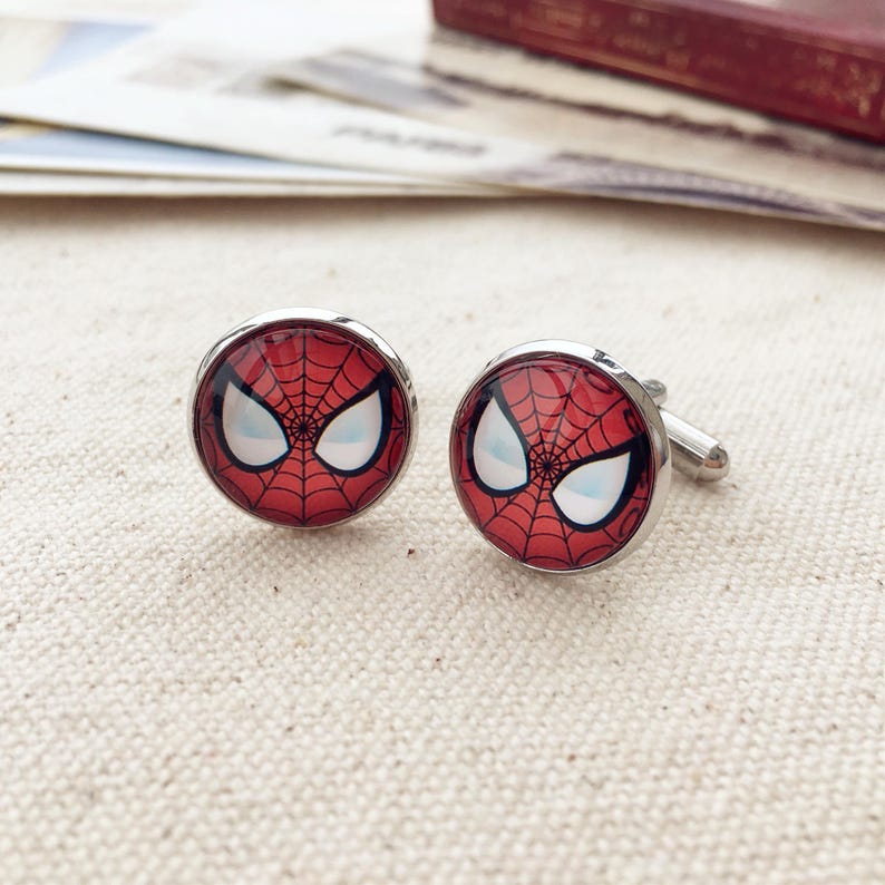 Superheroes Cufflinks: Multiple characters, Sleeve Buttons, 16mm Glass Dome cuff links Spiderman ( 2 eyes)