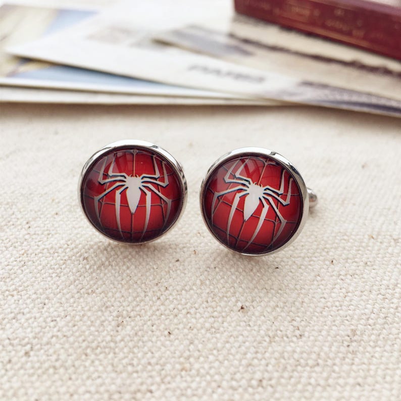 Superheroes Cufflinks: Multiple characters, Sleeve Buttons, 16mm Glass Dome cuff links Spiderman ( 8 feet)