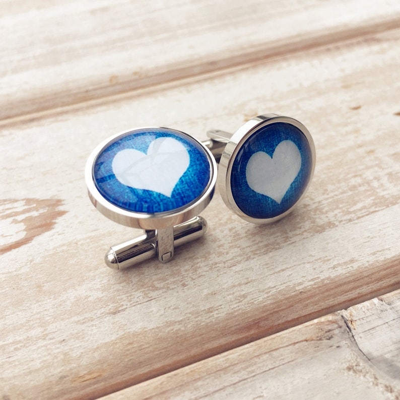 Stainless steel cuff links sleeve button accept custom order Blue heart cufflinks for men