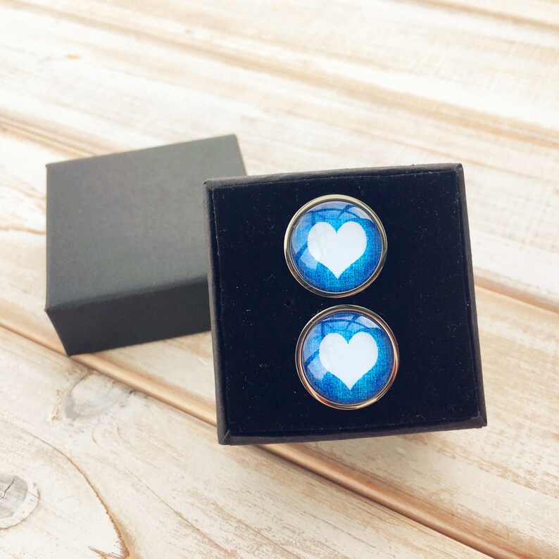 Stainless steel cuff links sleeve button accept custom order Blue heart cufflinks for men