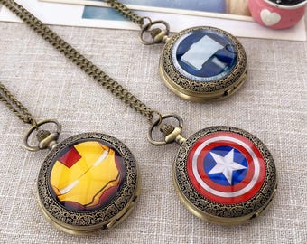 Reloj de bolsillo original de los Vengadores con cadenas desmontables: Hulk, Capitán América, Iron Man.