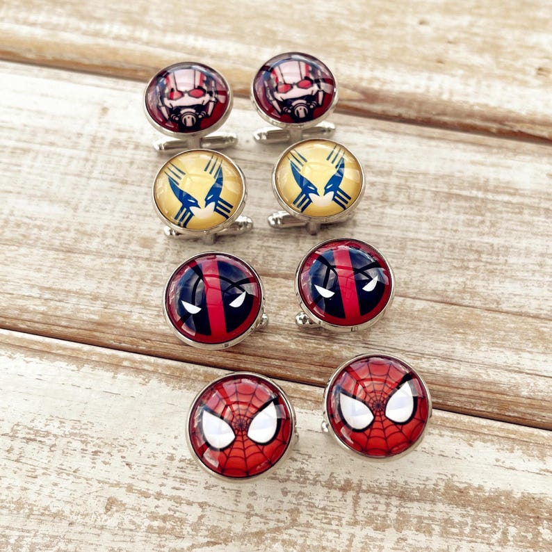 Superheroes Cufflinks: Multiple characters, Sleeve Buttons, 16mm Glass Dome cuff links image 1