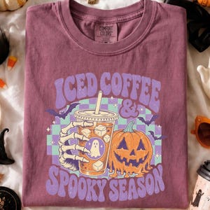 Comfort Colors® Iced Coffee & Spooky Season Shirt, Retro Checkered Halloween T-Shirt image 5