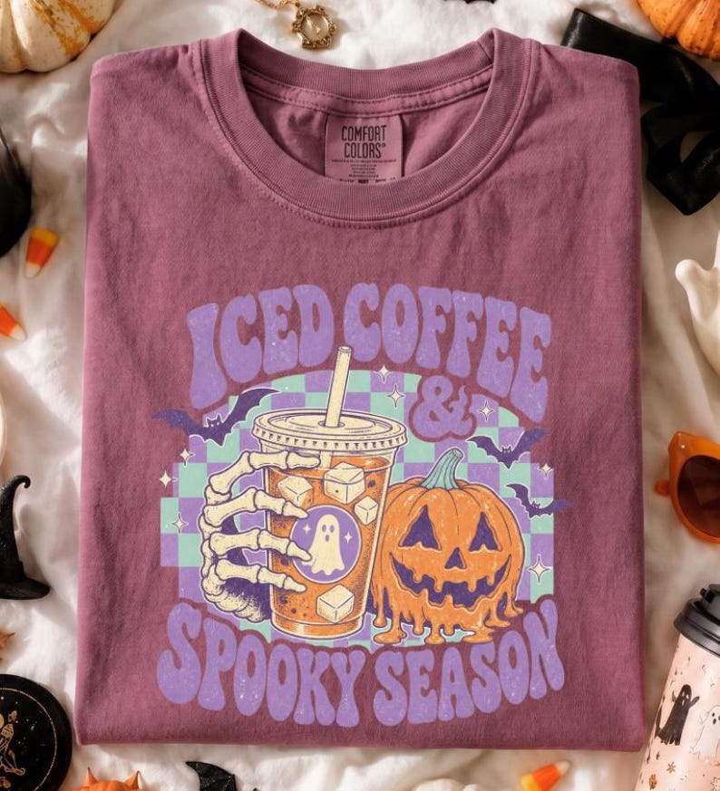 Comfort Colors® Iced Coffee & Spooky Season Shirt, Retro Checkered Halloween T-Shirt image 5