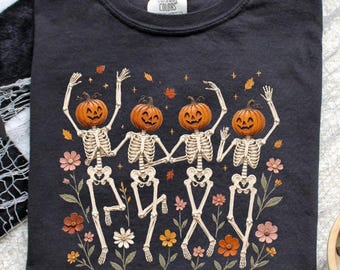 Comfort Colors Dancing Pumpkin Skeleton Shirt, Halloween Skeleton Tee, Floral Pumpkin Graphic Shirt, Spooky Season Shirt