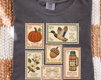Comfort Colors Vintage Fall Postage Stamp Shirt, Autumn Graphic Tee, Cozy Pumpkin Shirt, Southern Fall Shirt, Cottagecore Tee