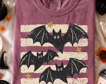 Camiseta retro de murciélago de Halloween, camiseta gótica de Comfort Colors
