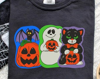 Comfort Colors Vintage Halloween Shirt, Black Cat Ghost Pumpkin Tee, Cute Spooky Season Graphic T-Shirt, Retro Halloween Shirt