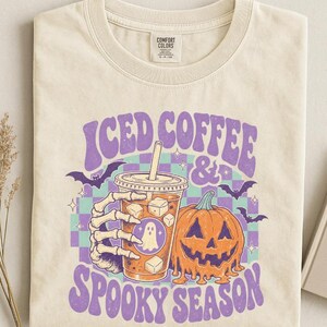 Comfort Colors® Iced Coffee & Spooky Season Shirt, Retro Checkered Halloween T-Shirt image 4
