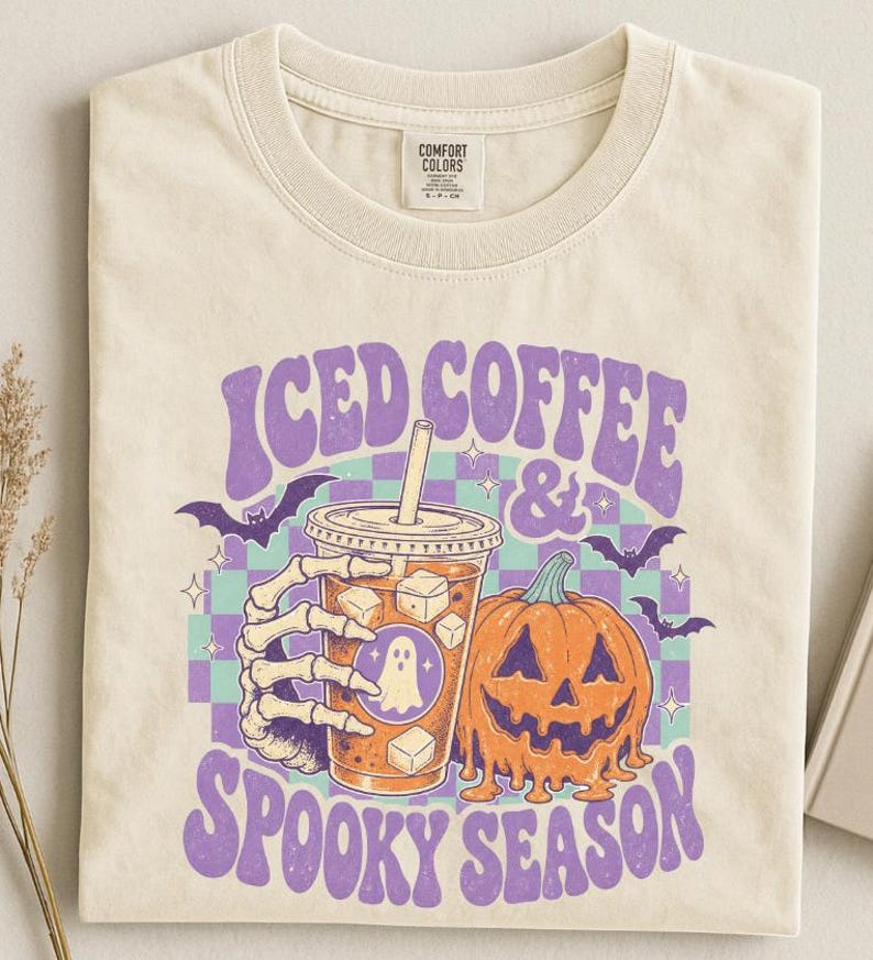 Comfort Colors® Iced Coffee & Spooky Season Shirt, Retro Checkered Halloween T-Shirt image 4