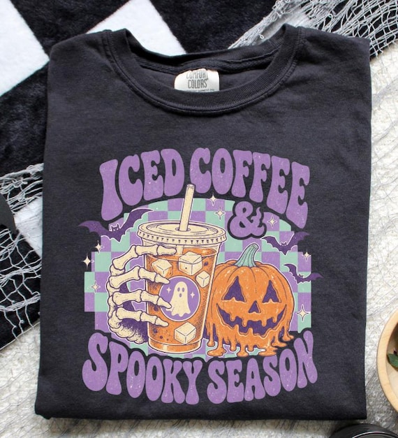 Comfort Colors® Iced Coffee & Spooky Season Shirt, Retro Checkered Halloween T-Shirt