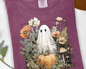Camiseta Comfort Colors con estampado floral de Halloween y fantasmas, camiseta femenina de calabaza, camiseta bohemia floral de otoño.