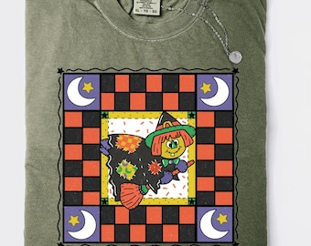 Retro 90s Halloween Witch Comfort Colors Shirt, Vintage Spooky Season Tee, Patchwork Halloween Graphic T-Shirt