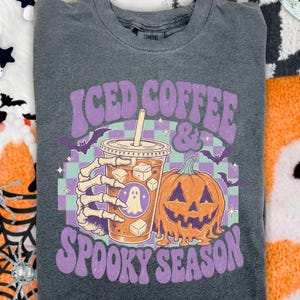 Comfort Colors® Iced Coffee & Spooky Season Shirt, Retro Checkered Halloween T-Shirt image 3