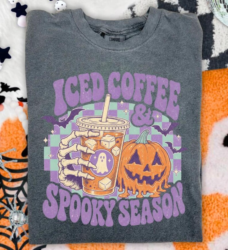 Comfort Colors® Iced Coffee & Spooky Season Shirt, Retro Checkered Halloween T-Shirt image 3