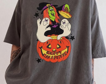 Comfort Colors® Vintage Happy Halloween Witch Shirt, Retro Halloween Tee, 90s Halloween Graphic Tee
