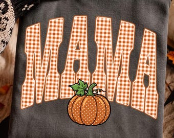 Comfort Colors Mama Gingham Pumpkin Shirt, Fall Mama Shirt, Pumpkin Graphic Tee