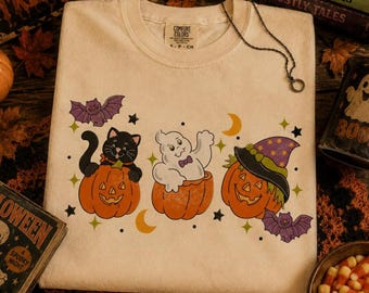 Comfort Colors® Retro Halloween Pumpkin Shirt, Vintage Ghost Cat Tee