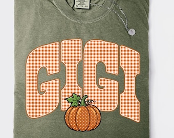 Comfort Colors Gigi Gingham Pumpkin Shirt, Fall Gigi Shirt, Pumpkin Graphic Tee