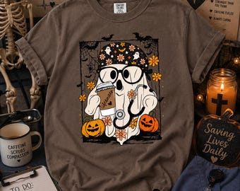 Comfort Colors Halloween Ghost Nurse Shirt, Spooky Nurse Tee, Cute Medical Halloween Shirt, Coffee Nurse Ghost, RN Gift