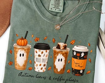 Comfort Colors® Fall Coffee Lover T-Shirt, Autumn Leaves & Coffee Please Shirt, Coffee Lover Gift