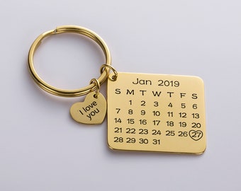 Engraved Calendar Keychain, Date Keychains for Women Boyfriend