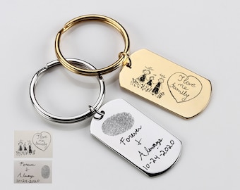 Actual Handwritten Dog Tag Keychain, Fingerprint Keychain, Personalized Kid Drawing Picture Key ring, Remembrance Keepsake Gift for Dad