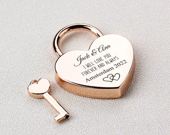 Lucchetto d'amore a cuore con chiave, lucchetto personalizzato per amore, lucchetti d'amore, regali personalizzati per coppie di anniversari di fidanzamento di matrimonio, regalo di luna di miele