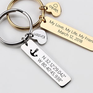 Engraved Keychain,Custom Keychain, Coordinate Keychains,Personalized Key Ring,Anniversary Keychain,Valentine&#39;s Keychain,Faith Key Chain
