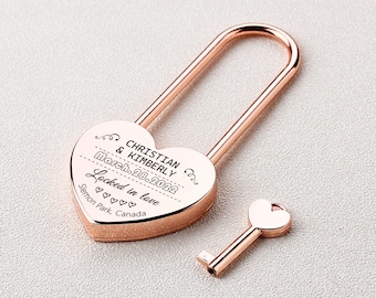 Serrure d'amour en or personnalisée, cadenas d'amour en forme de coeur en or rose, cadenas d'amour de fiançailles gravé personnalisé, cadeau de mariage, cadeau de Saint-Valentin