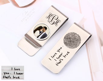 Personalized  Photo Money Clip With Actual Fingerprint Handwriting, Custom Credit Card Clips, Wedding Gift, Fathers Day Gift, Christmas Gift