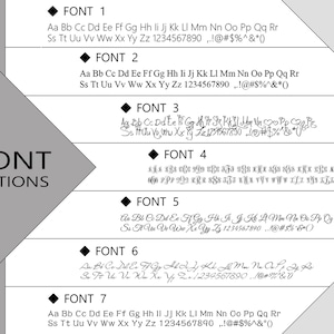 K&ouml;nnte beinhalten: Grafik mit Schriftoptionen. Das Bild zeigt sieben verschiedene Schriftarten, jeweils mit einem Beispiel des Alphabets, Zahlen und Symbolen. Die Worte "FONT OPTIONS" sind in einer fetten, serifenlosen Schrift dargestellt.