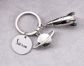 Personalized Initial Name KeyChain, Custom Space Rocket Keychain, Rocket Planet Pendants Key Ring, Space Lovers Gifts For Him / Her