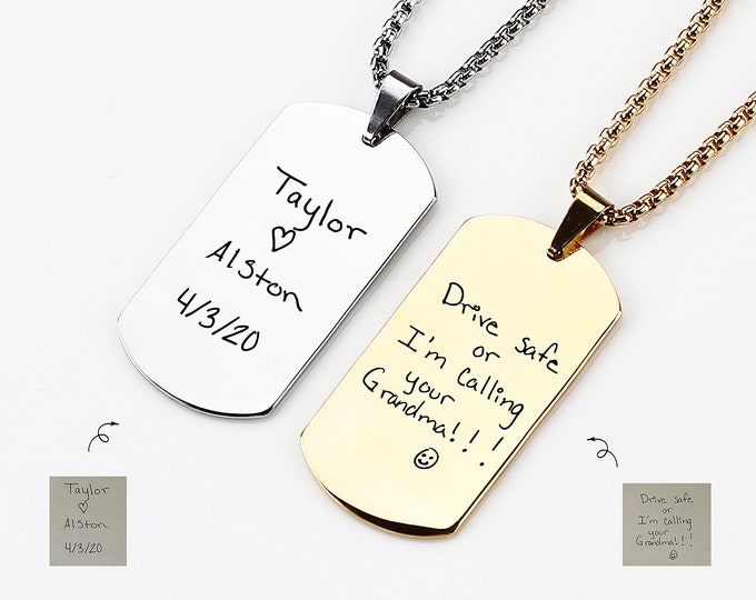 Mens Personalized Dog Tag Necklace With Handwriting, Custom Husband Gift, Boyfriend Gift, Engraved Dog Tag Necklace, Gift for Dad